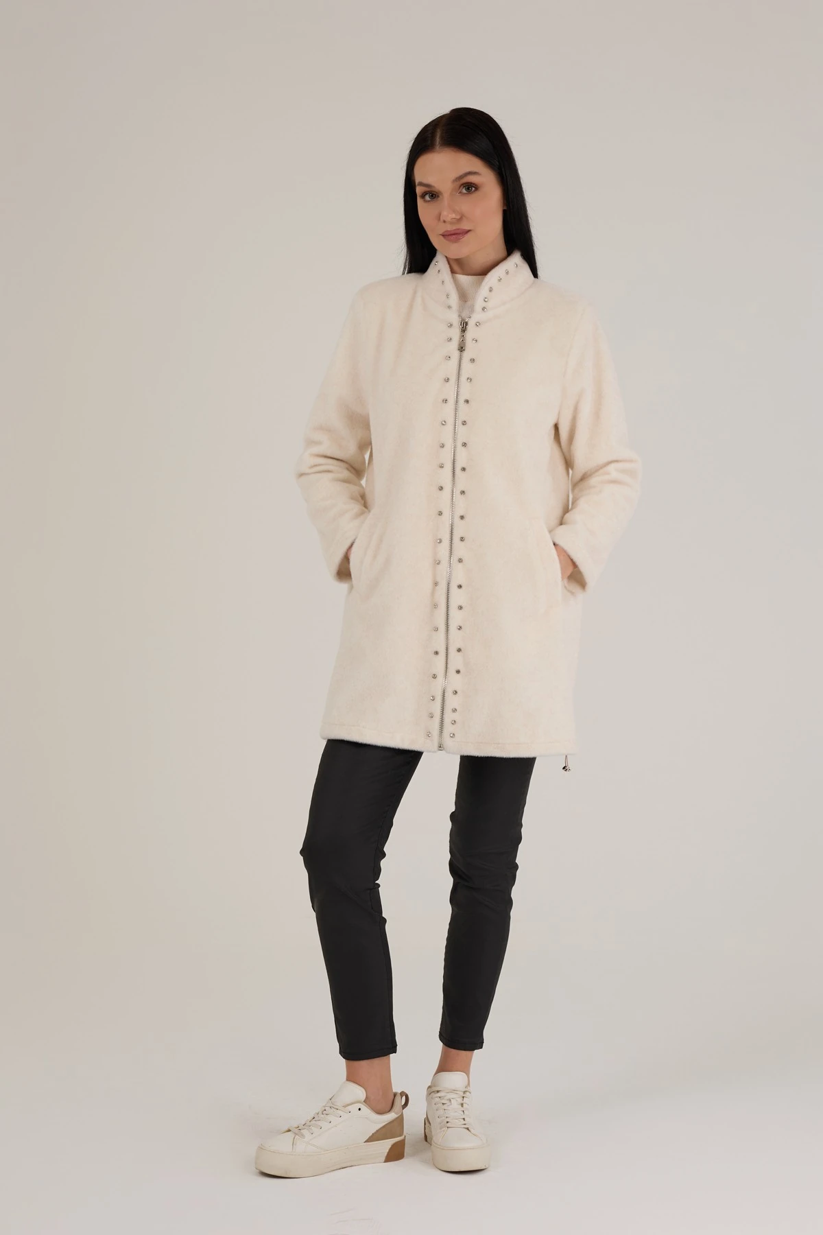 Kadın Taş Detaylı Fermuarlı Kaşe Kürk 9274