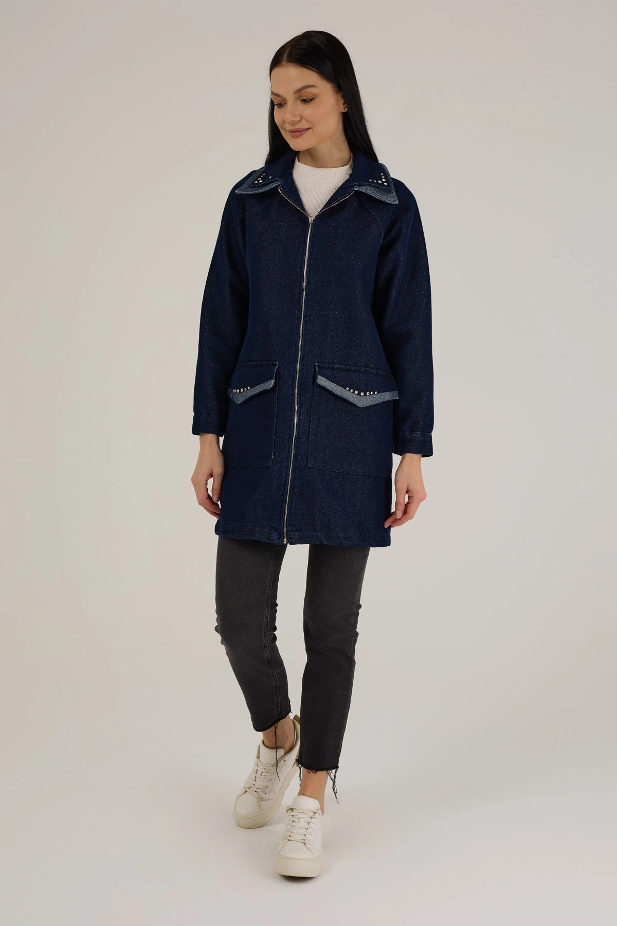 Kadın Kendinden Simli Taş Detaylı Denim Kap 9275