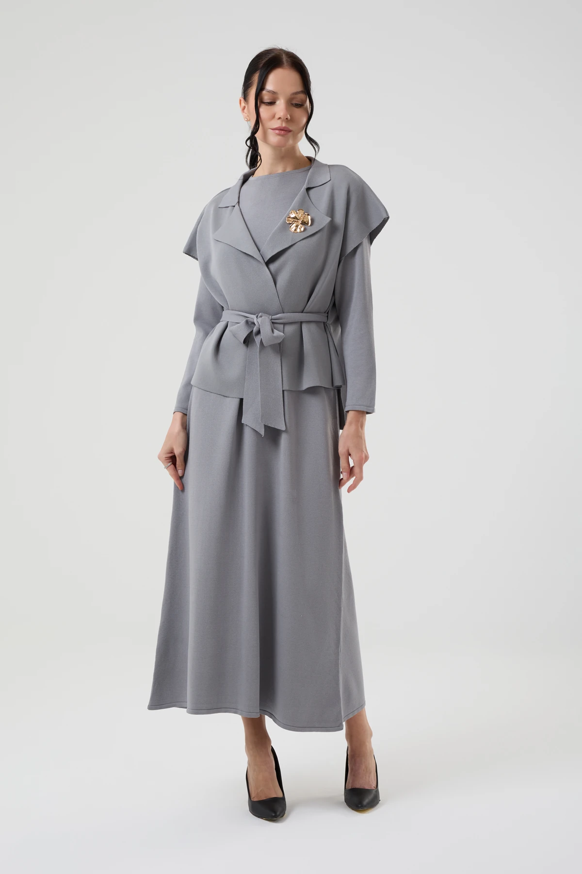 Kadın Altın Broş Detaylı İkili Ceketli Triko Elbise 1401