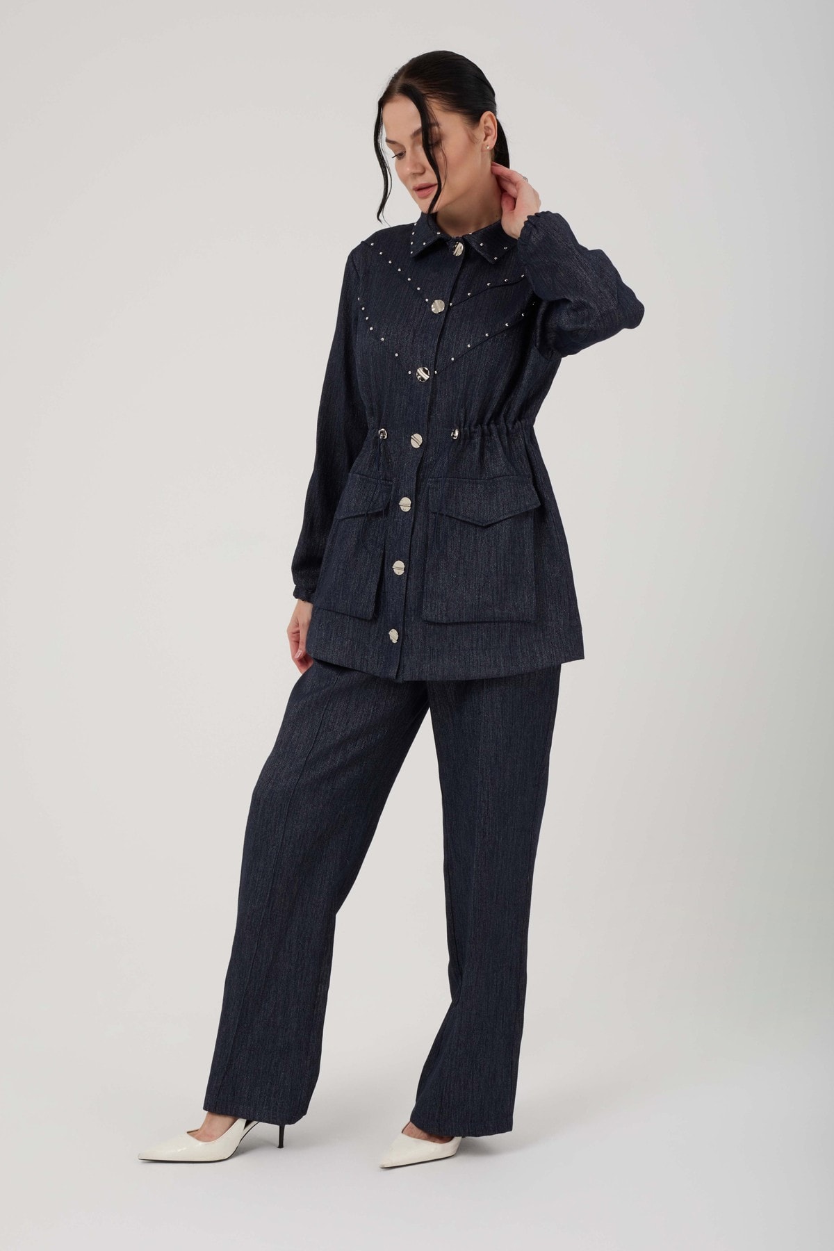 Kadın Zımba Detaylı Işıltılı Denim Takım 8571