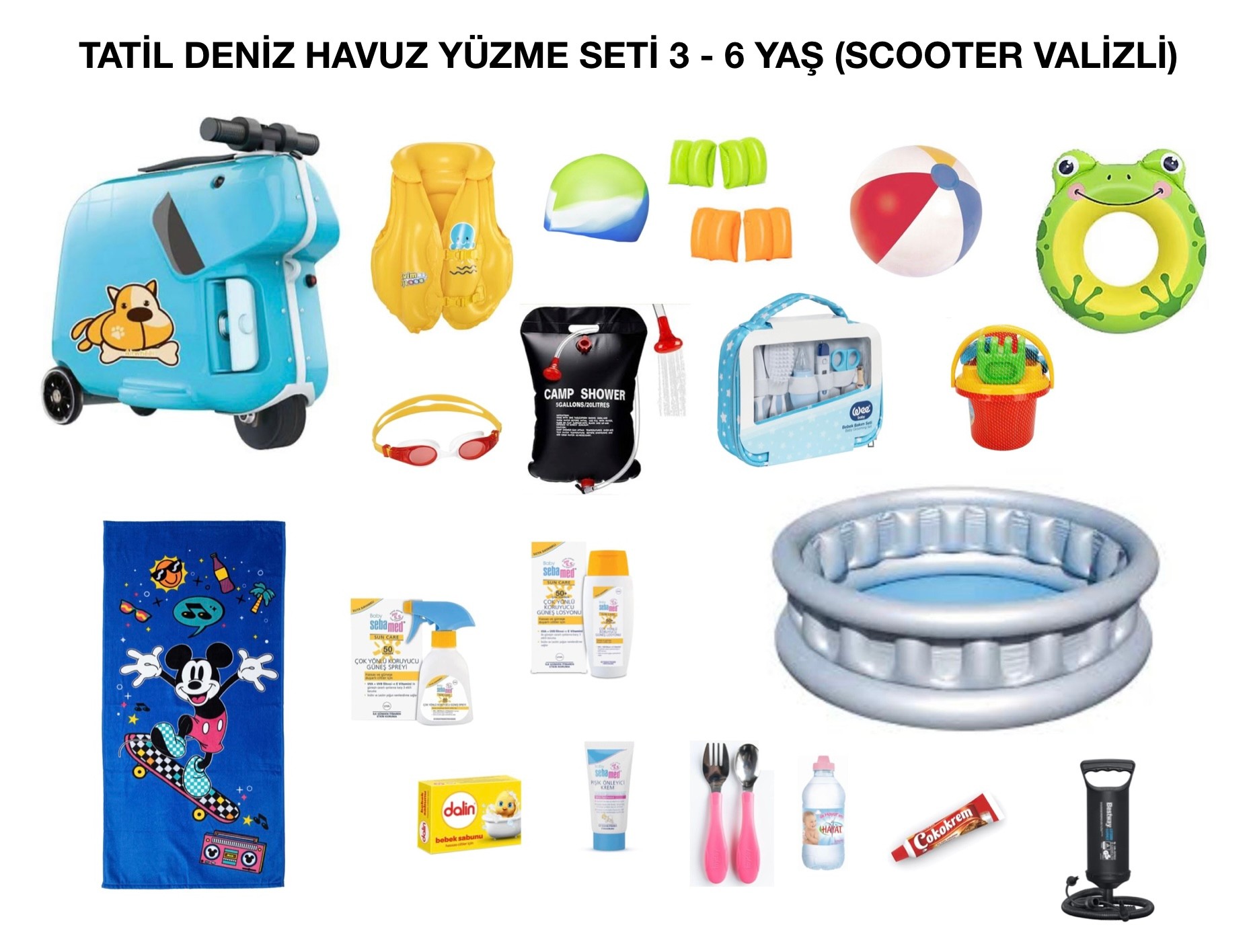 Tatil Havuz Deniz Yüzme Seti 3-6 Yaş ( SCOOTER VALİZLİ) - 20 Parça 