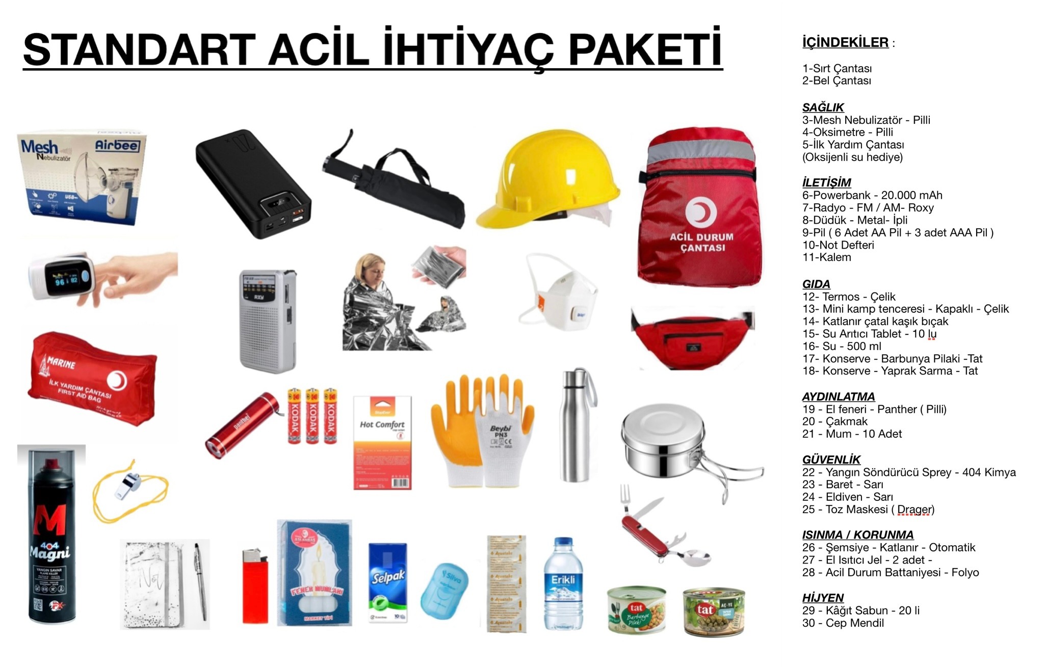 050.0001 Standart İhtiyaç Paketi- Afet / Yetişkin - 30 Parça 