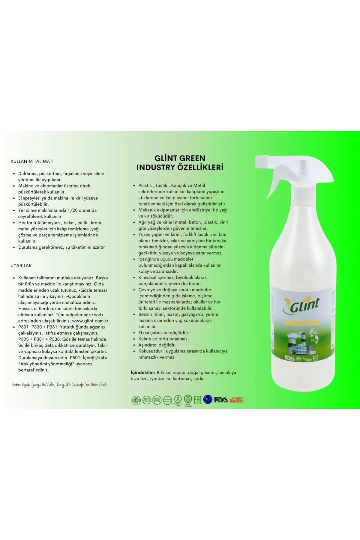Glint Green Industry 1 Litre %100 Bitkisel Banyo Tuvalet Temizleyici Kireç Çözücü Şömine Temizleyici Sprey
