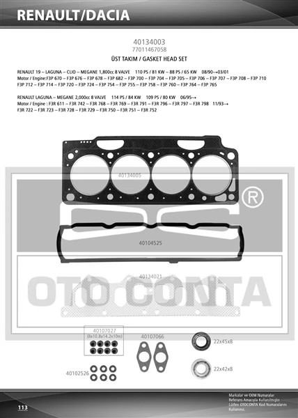 Üst Takım Conta Clio I 91 1.8 Laguna-Megane I 95 1.8-2.0 F3p 710/f3p 714 Keçeli̇ Skc Std Subap Lasti̇kli̇