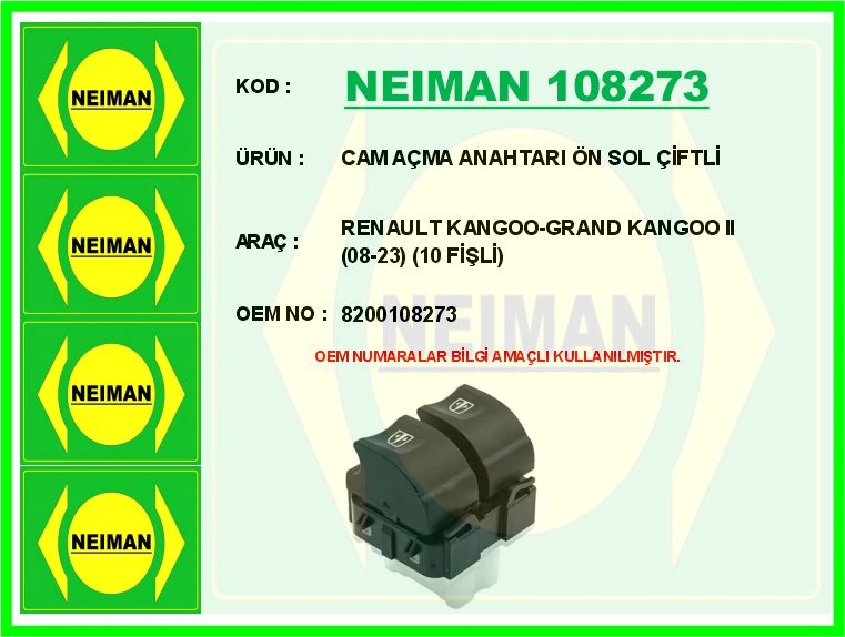Cam Açma Anahtari Ön Sol Çi̇ftli̇ Renault Kangoo-Grand Kangoo II 08-23 10 Fi̇şli̇
