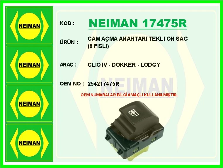 Cam Açma Anahtari Tekli Ön Sağ 6 Fisli Clio IV-Dokker-Lodgy