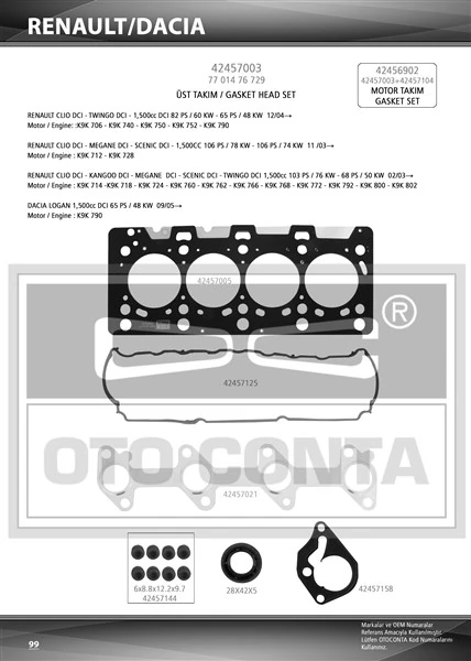 Üst Takım Contasi Clio-Kangoo-Megane-Logan-Sandero 1.5dci K9k 712-714-718-724-760 Teflon Keçeli̇ Sub.las