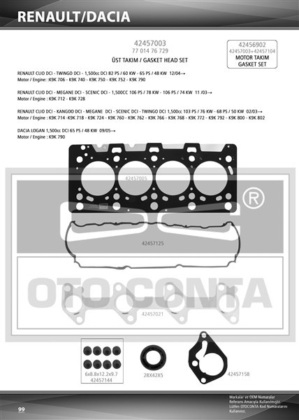 Üst Takım Contasi Clio-Kangoo-Megane-Logan-Sandero 1.5dci K9k 712-714-718-724-760 Teflon Keçeli̇ Sub.las