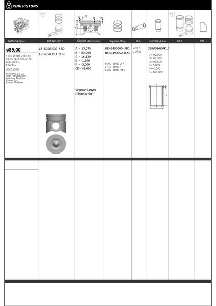 King-Piston Piston Segman Opel, Renault