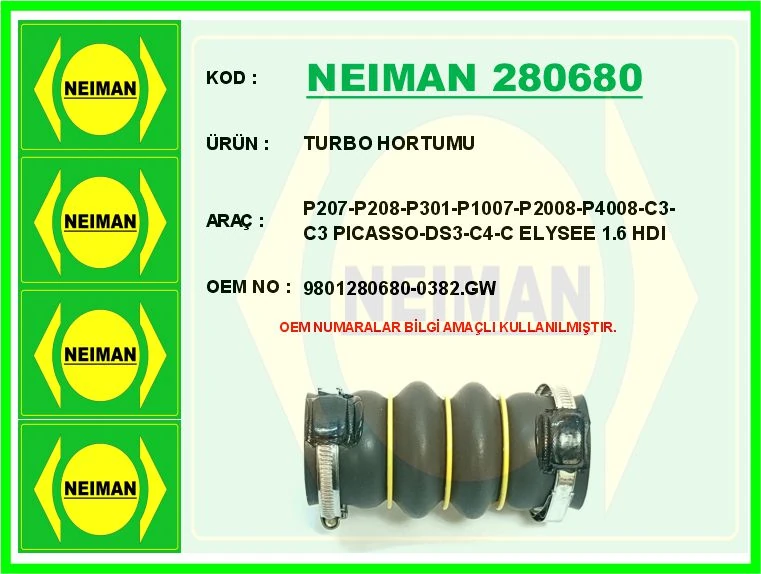 Turbo Hortumu P207-P208-P301-P1007-P2008-P4008-C3-C3 Picasso-Ds3-C4-C Elysee 1.6 Hdi