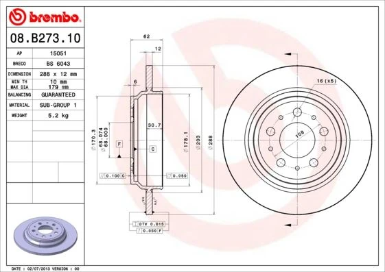 Arka Fren Aynası Volvo S60 01-10 S70 01-05 S80 98-06 Xc70 00-07 288x12x5dl Delykly