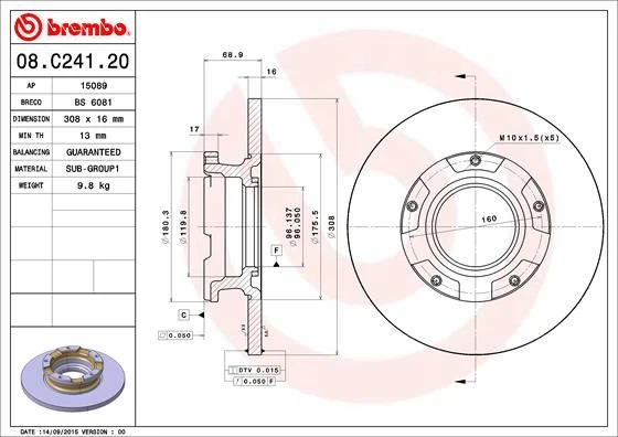 Arka Fren Disk Aynası Transit Custom V362 12 ABS Li O.ceker Cap 308 16