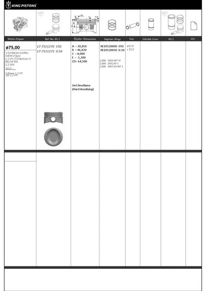 Pi̇ston Segman 75 Std Peugeot-Citroen C-Elysee 1.2 Vti 301 1.2 Vti 1.2 Vti̇ 72 Hp Euro 5-Eb2 M 301-1.2 16v