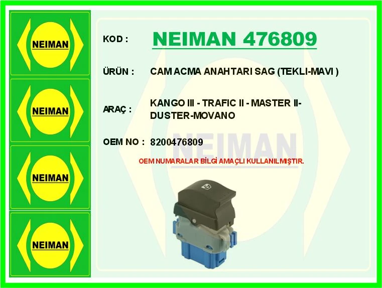 Cam Acma Anahtari Sağ Tekli-Mavi Kango III-Trafic II-Master II-Duster-Movano