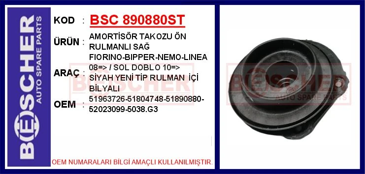 Amorti̇sör Takozu Ön Rulmanli Sağ Fiorino-Bipper-Nemo-Linea 08 > / Sol Doblo 10 > Si̇yah Yeni̇ Sn