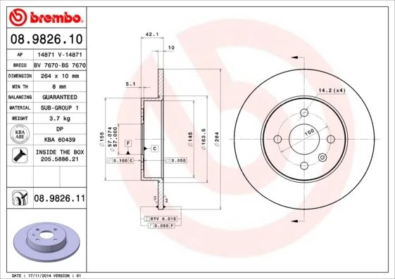 Arka Fren Aynası Astra H L67 04>14 Combo C 01>11 Meriva A 03>10 264x10x4dl Dolu