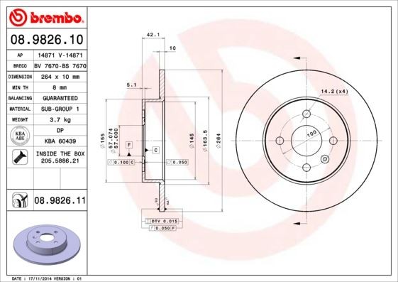 Arka Fren Aynası Astra H L67 04 14 Combo C 01 11 Meriva A 03 10 264x10x4dl Dolu