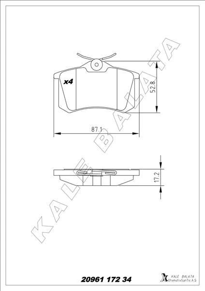 Arka Balata Megane II-Laguna-Golf III-IV-Passat III-Polo-C3-C4-P307-Audi A3-A4 87x52.9x17.2mm Gdb823