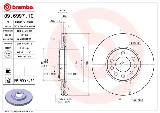 Ön Fren Aynası Vectra B 96 02 Saab 9-2/9-3 93 03 288x25x7dlxhavali 32025723-569357-93182306