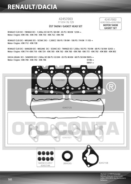 Üst Takım Contasi Skc Li Megane II 02>clio II 02>clio III 05>logan 04>sandero 08>note 06>11 E11 Micra III 05>10 Suzuki̇ Jimny 03> 1.5 Dci K9k Skt Keçeli̇ Sub.last K9k 712-714-718-724-760