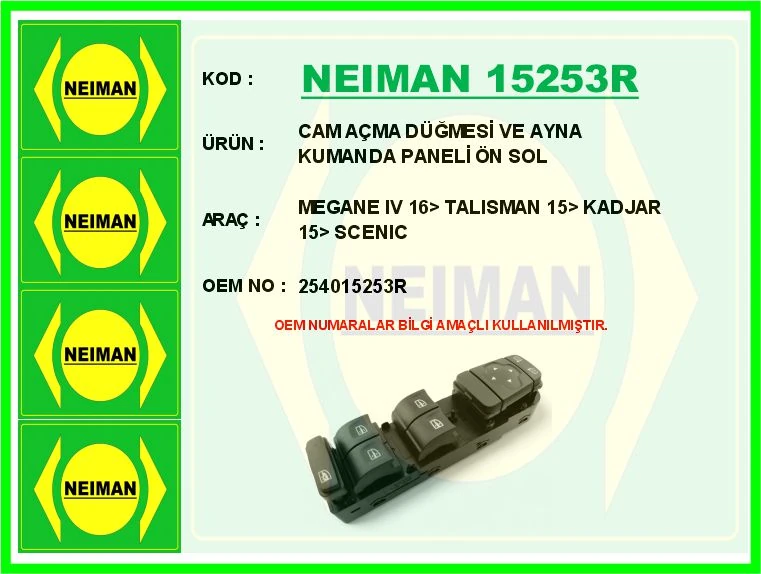 Cam Açma Düğmesi̇ Ve Ayna Kumanda Paneli̇ Ön Sol Megane IV 16> Talisman 15> Kadjar 15> Scenic