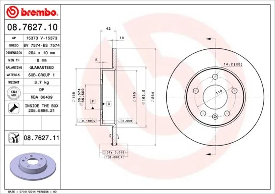 Arka Fren Aynası Astra H-Combo C 02> Meriva A-B 03> Astra G 1.8-2.0 98> Zafira A 264x10x5dl