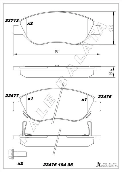 Ön Balata Fiat Egea 15> 1.4 1.5 T4 Hibrit 1.6 D K:19 Mm G:151.1 Mm Büyük Ti̇p