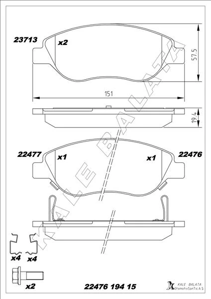 Ön Balata Fiat Egea 15> 1.4 1.5 T4 Hibrit 1.6 D K:19 Mm G:151.1 Mm Büyük Ti̇p 8 Adet Kli̇ps