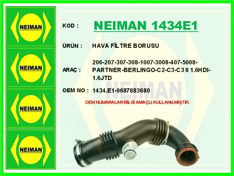 Hava Fi̇ltre Borusu 206-207-307-308-1007-3008-407-5008-Partner-Berlingo-C2-C3-C3 II 1.6hdi-1.6jtd