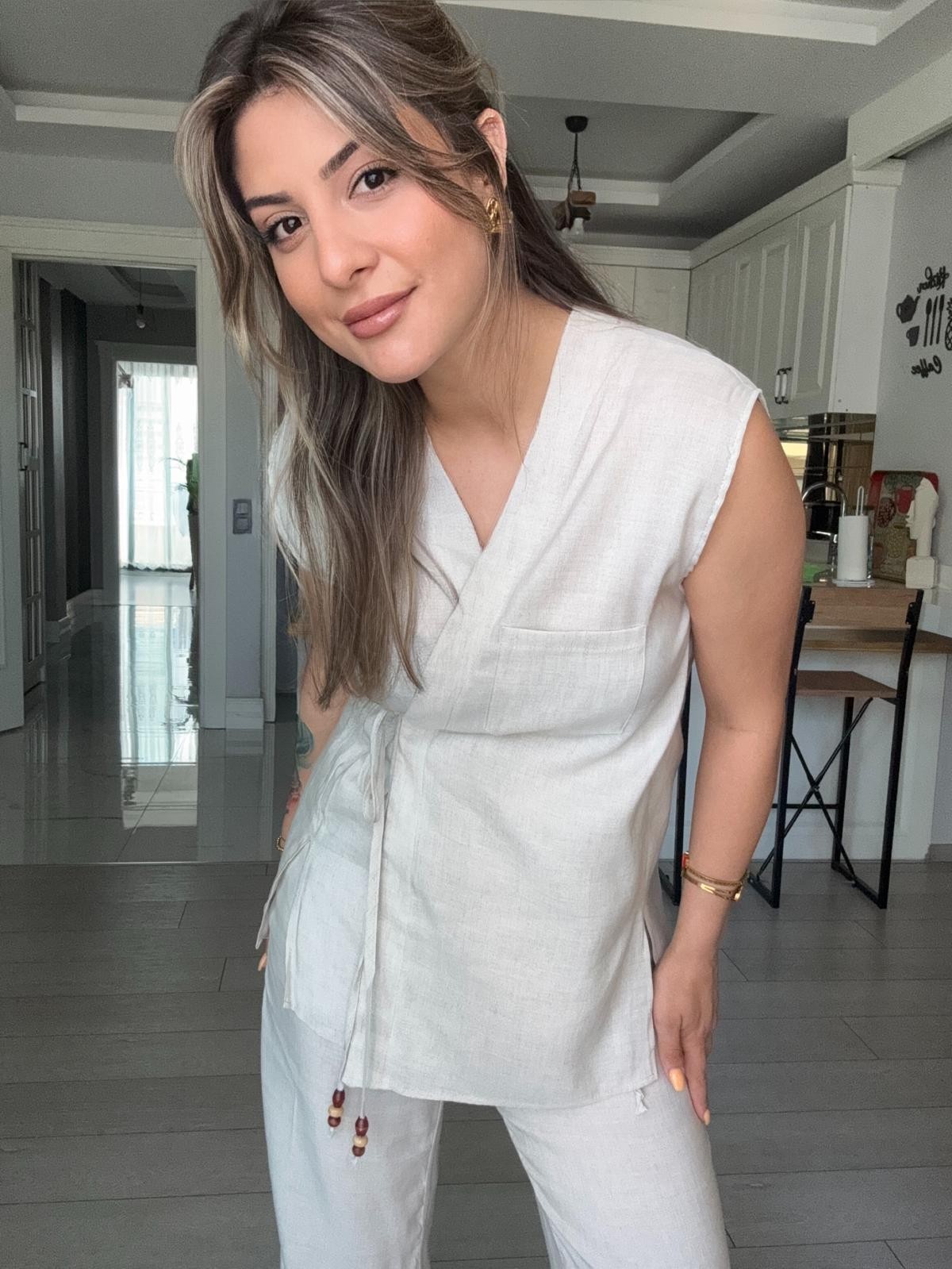 Bağcıklı Keten Yelek Pantolon Takım 