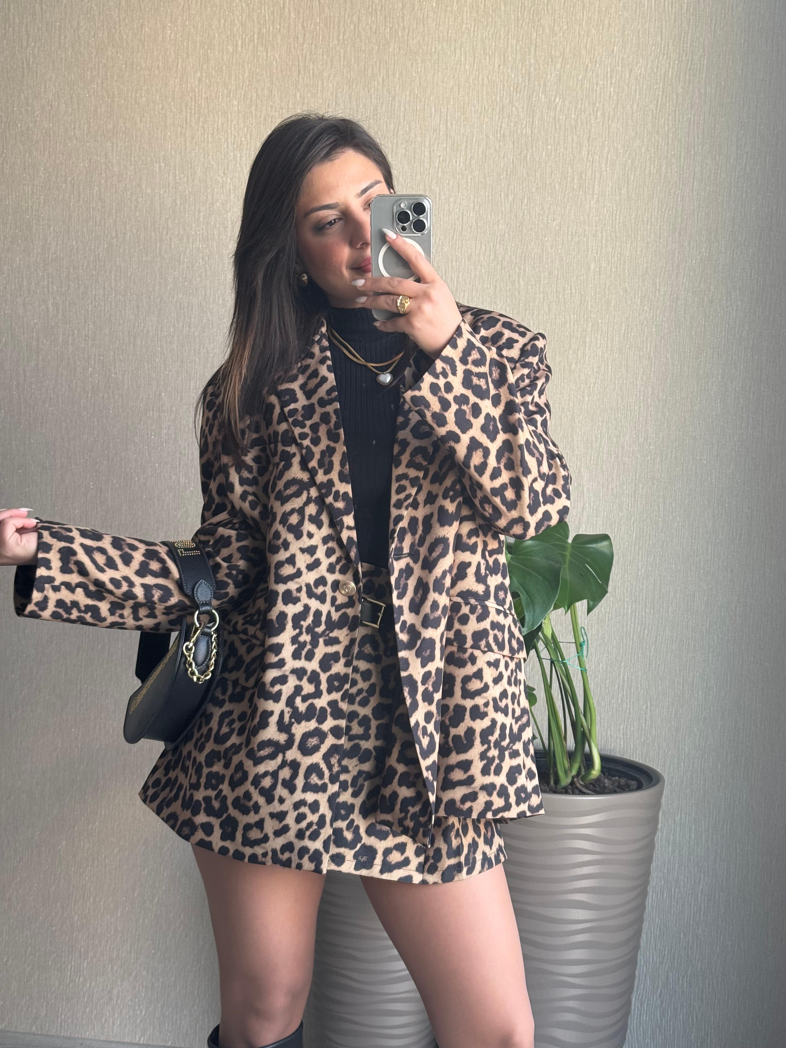 Leopar Gold Düğmeli Oversize Blazer