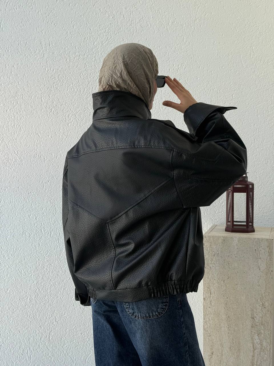 Yaka Detaylı Bel Lastikli Deri Ceket 509251 - Siyah