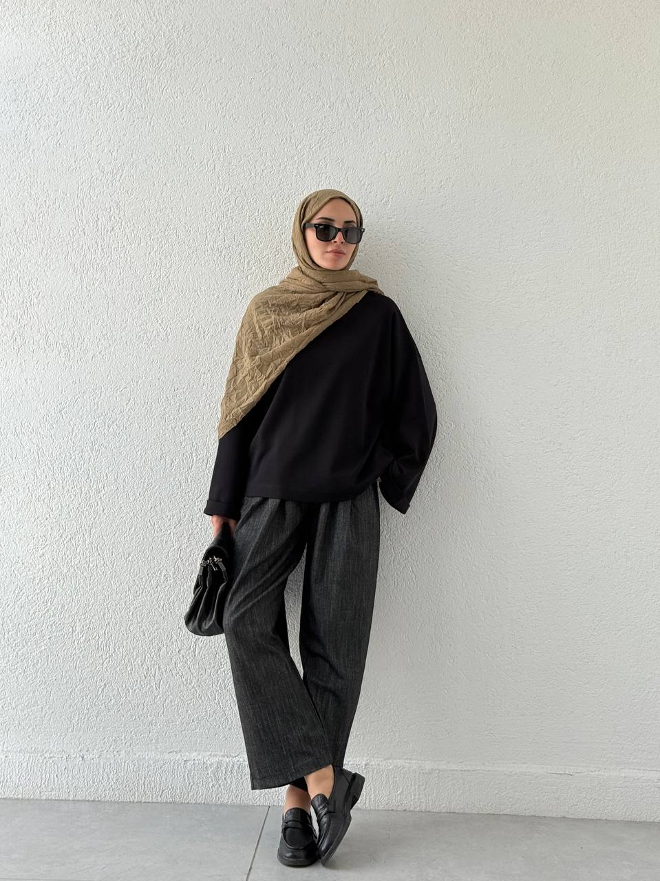 Dik Yaka Oversize Double Kol Sweat  - Siyah