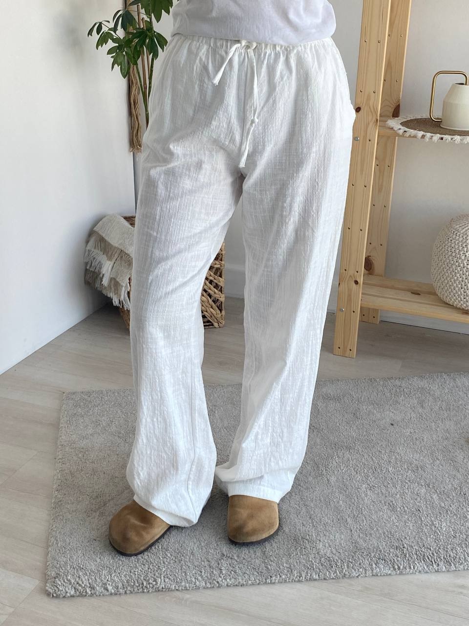 Keten Kimono Belden Bağlamalı Takım - Beyaz