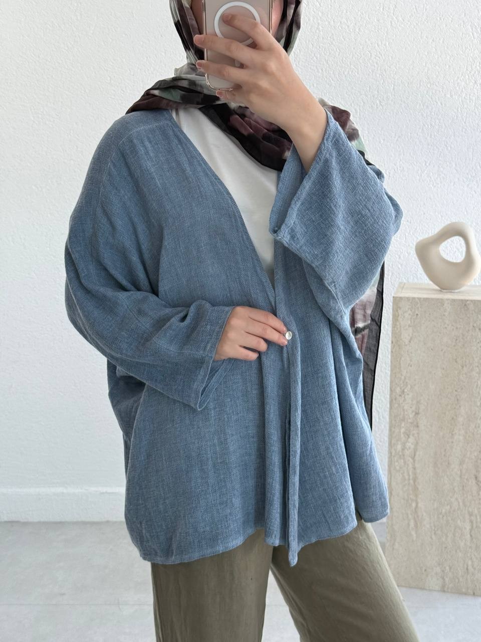 Keten Dokulu Tek Düğmeli Hırka - Kimono - Mavi