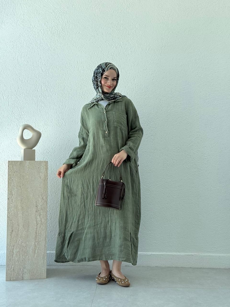 Keten Düğmeli Oversize Cepli Elbise FLR - Yeşil