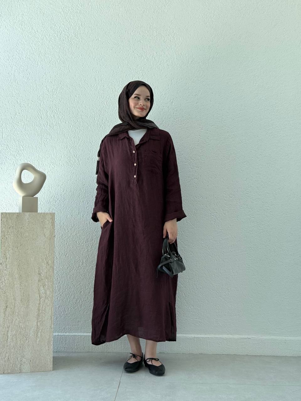Keten Düğmeli Oversize Cepli Elbise FLR