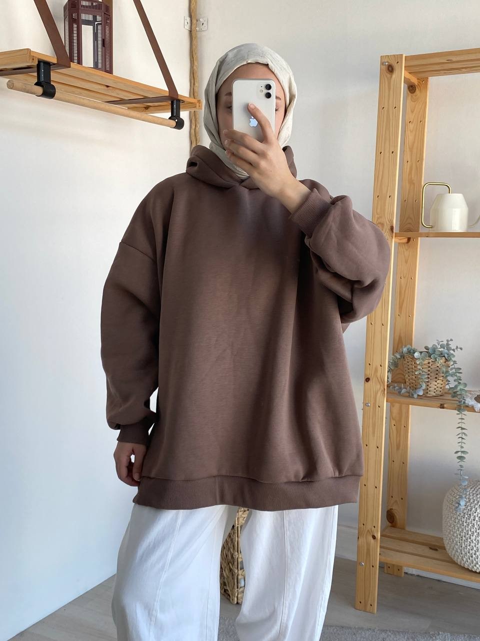 Üç İplik Şardonlu Kapşonlu Oversize Sweat