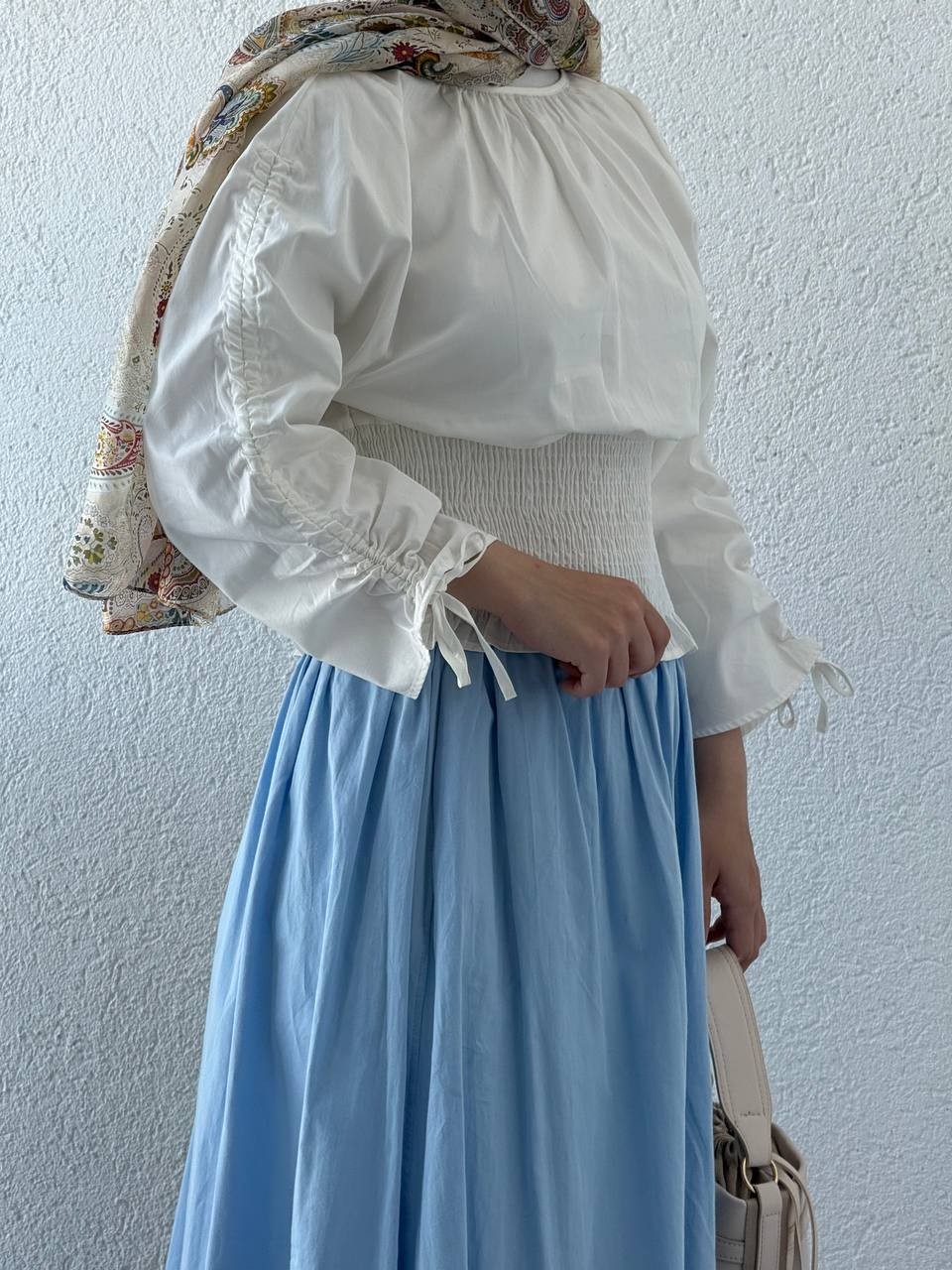 Poplin Pamuk Drapeli Kolları Büzgülü Gömlek