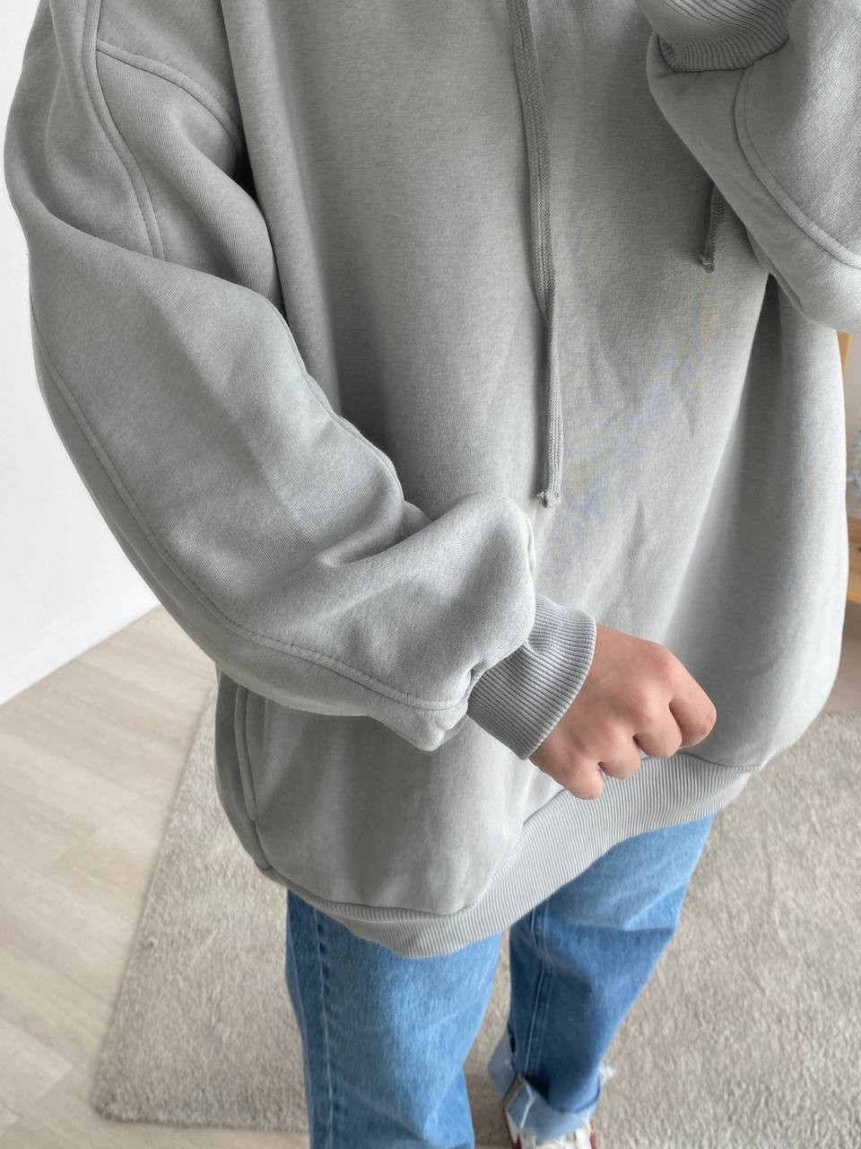 Oversize Kapşonlu Şardonlu Sweat - Gri