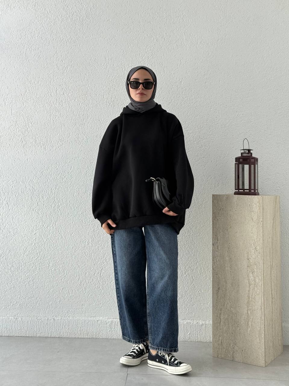 Üç İplik Şardonlu Kapşonlu Oversize Sweat - Siyah