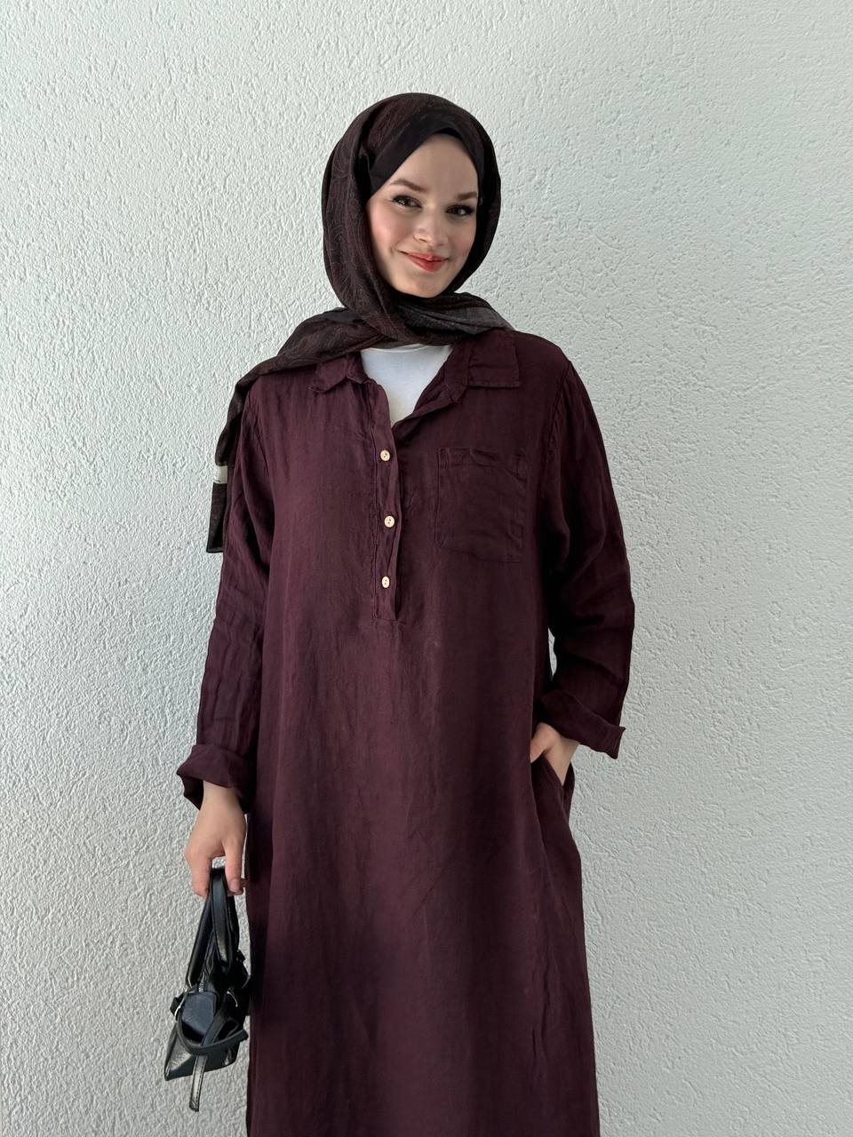 Keten Düğmeli Oversize Cepli Elbise FLR