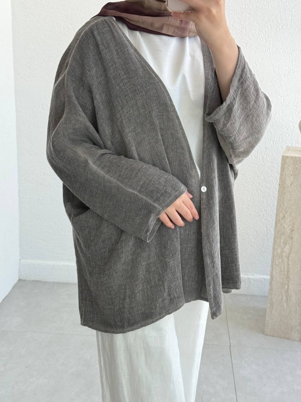 Keten Dokulu Tek Düğmeli Hırka - Kimono - Gri