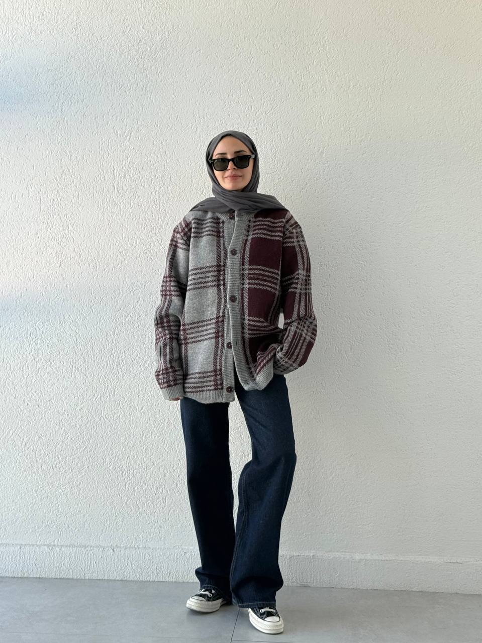 Premium Ekose Desen Hırka 0067 - gri-bordo