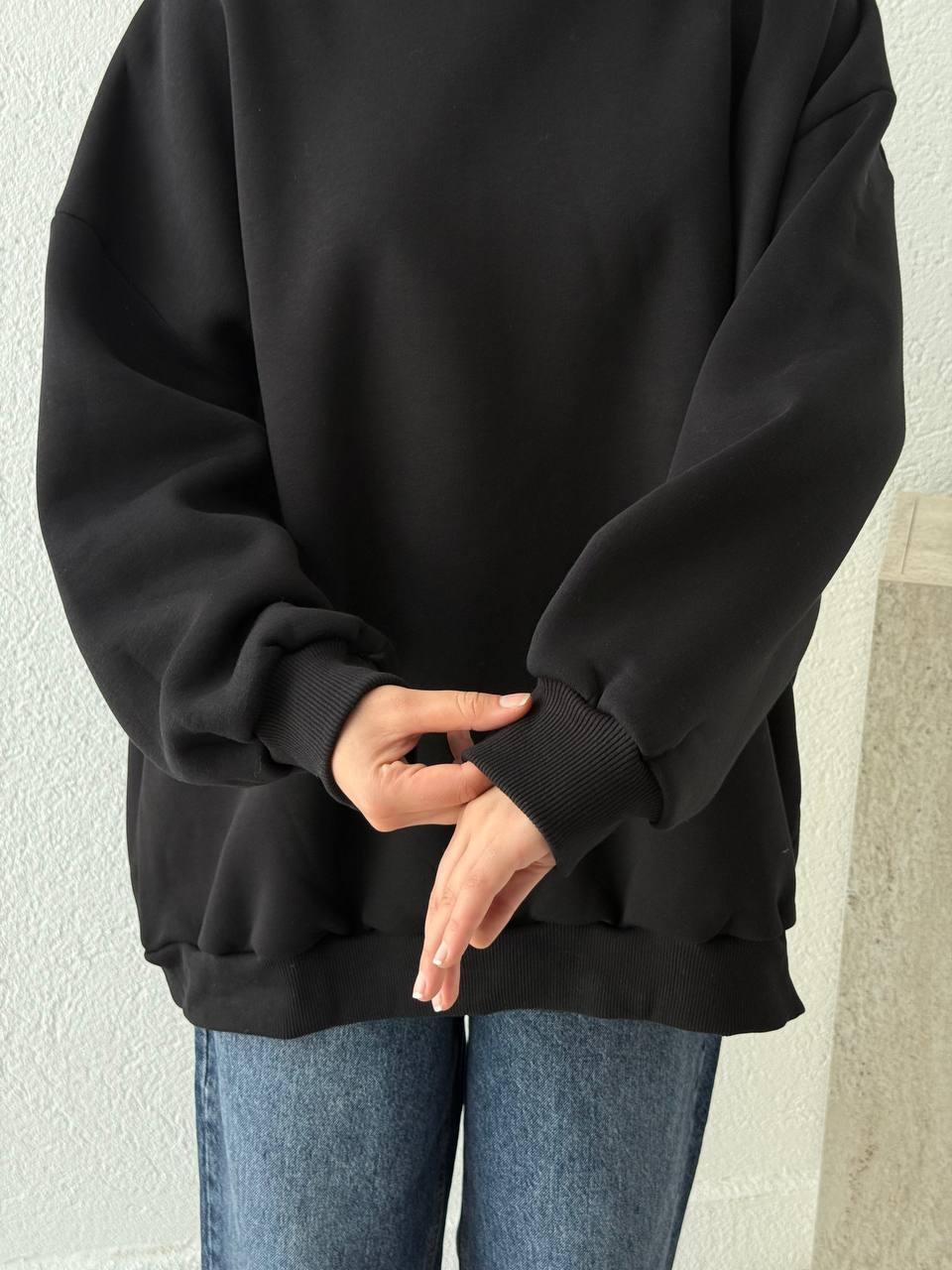 Üç İplik Şardonlu Kapşonlu Oversize Sweat - Siyah