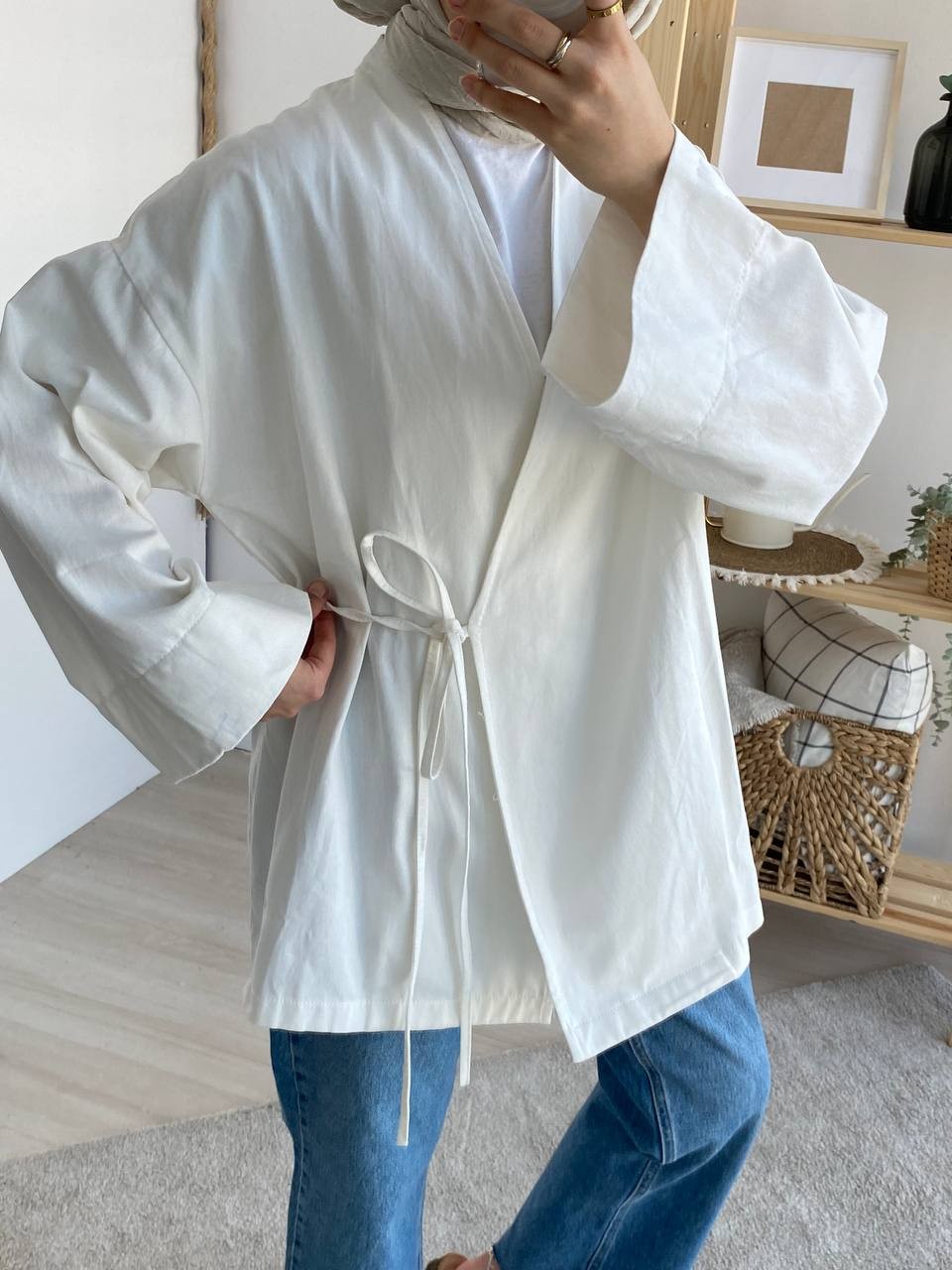 Gabardin Belden Bağlamalı Kimono - Beyaz