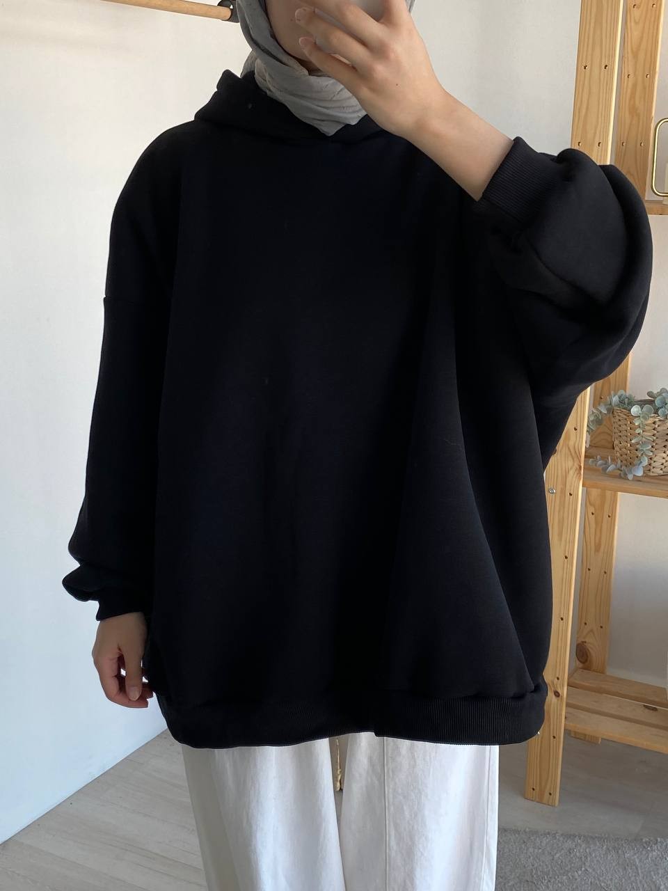 Üç İplik Şardonlu Kapşonlu Oversize Sweat - Siyah