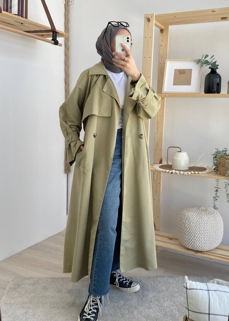 Oversize Kuşaklı Trençkot - Yeşil