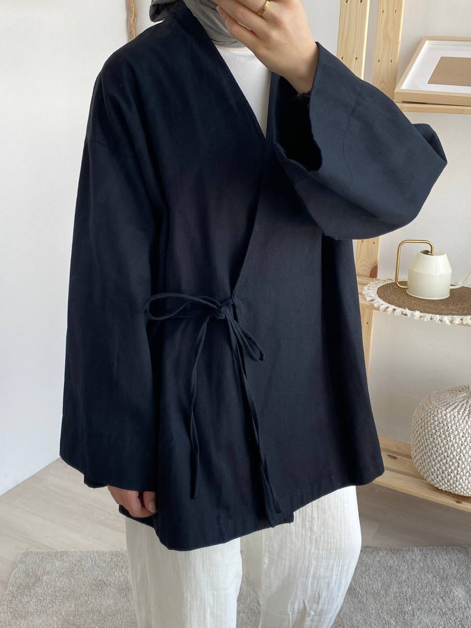 Gabardin Belden Bağlamalı Kimono - Siyah