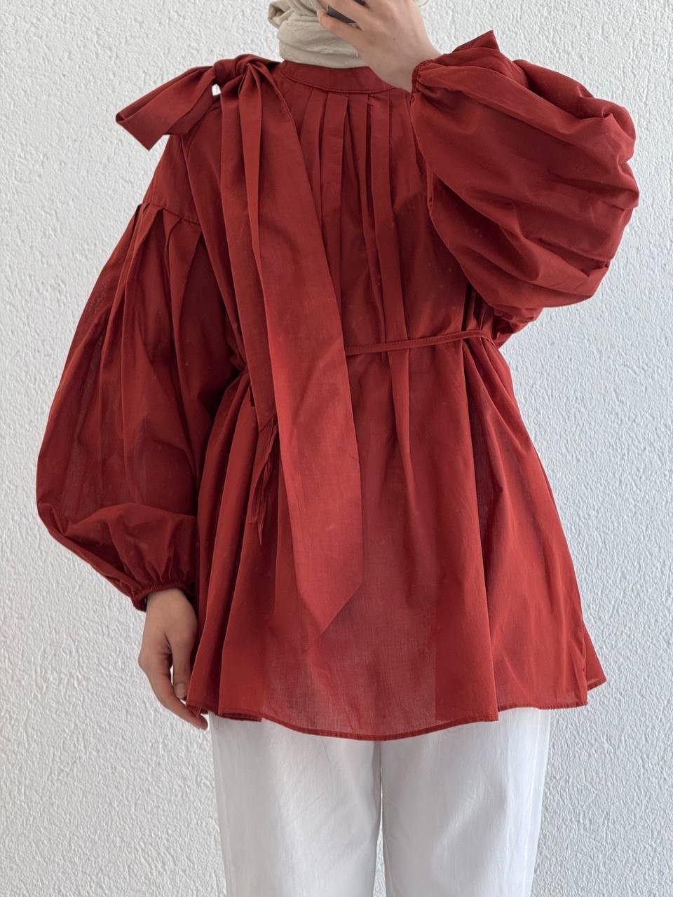 Vual Omuz Detaylı Oversize  Kuşaklı Gömlek 424 - kiremit